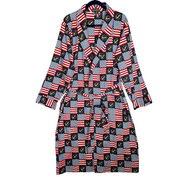 Vintage 90s NAUTICA Mens Nautical Patriotic Cotton Robe O/S American Flag - Picture 1 of 12